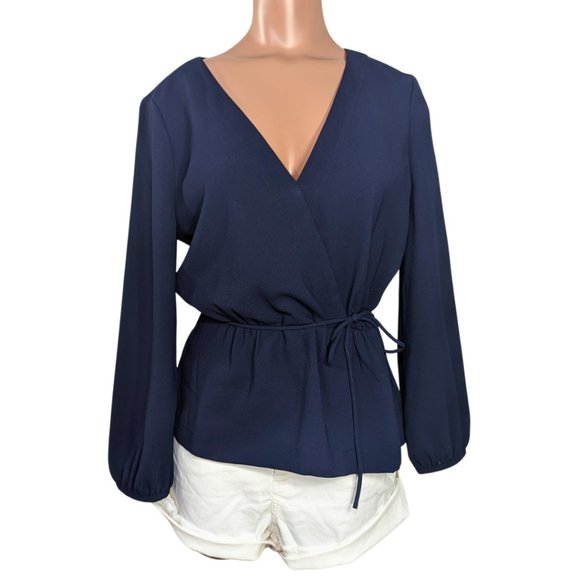 J. Crew Tops - J.Crew Navy Blue Drapey Crepe Faux Wrap Long Sleeve V-Neck Top Size 8